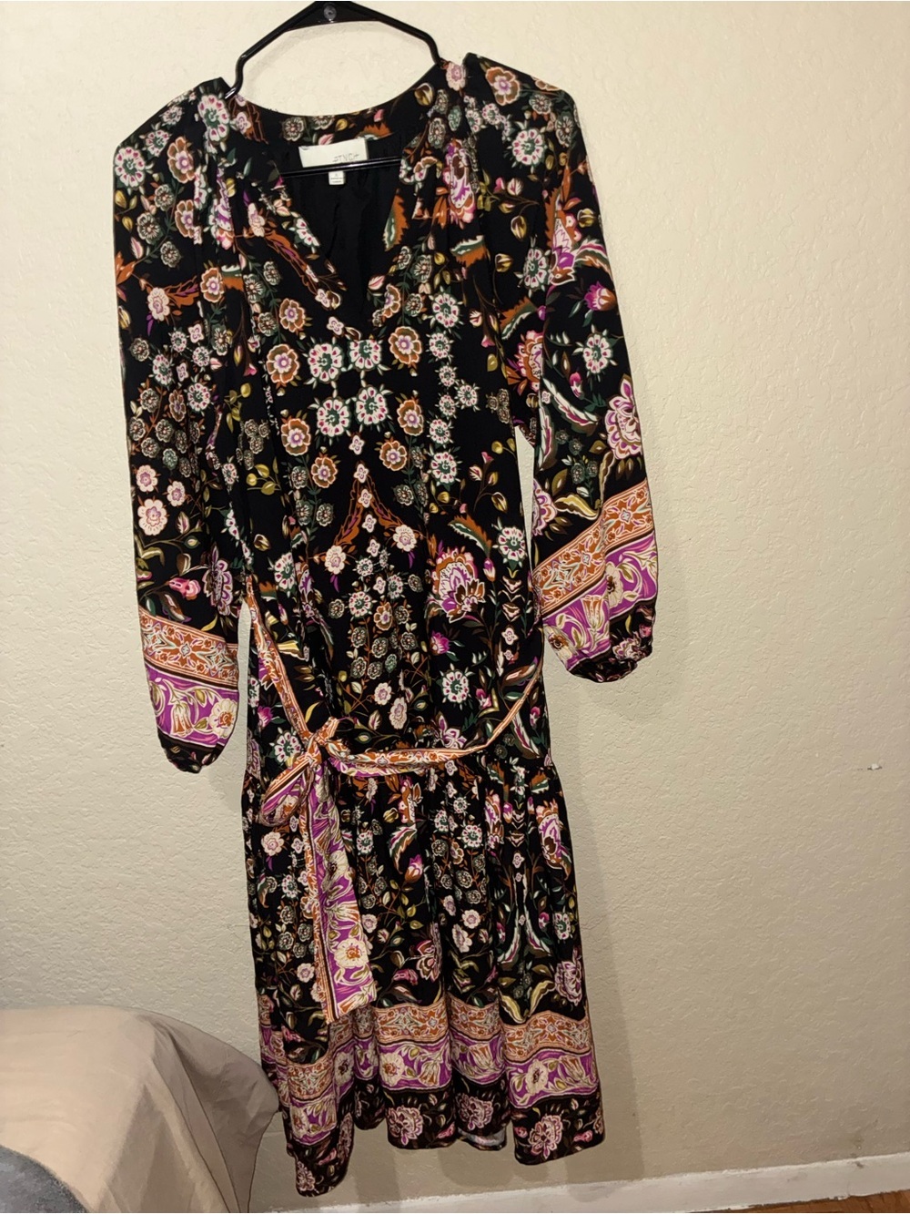 Pinch Border Print Tiered Midi Dress In Black boho floral Multi size small - Picture 4 of 7